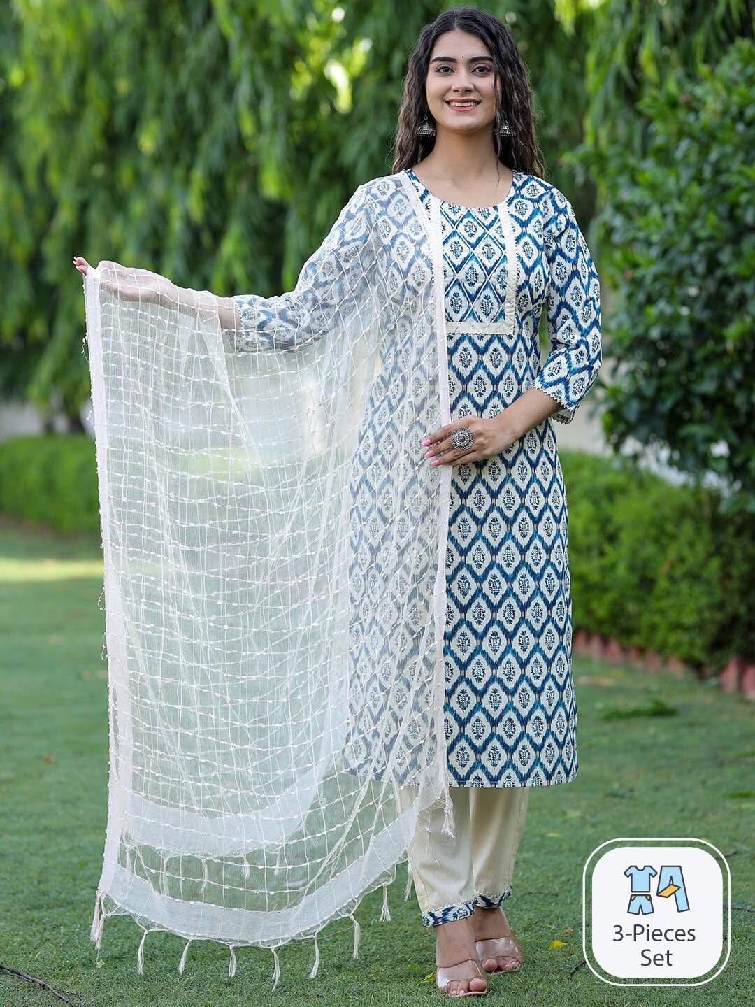 

KALINI Ethnic Motif Printed Gotta Patti Pure Cotton Kurta With Trousers & Dupatta, Blue