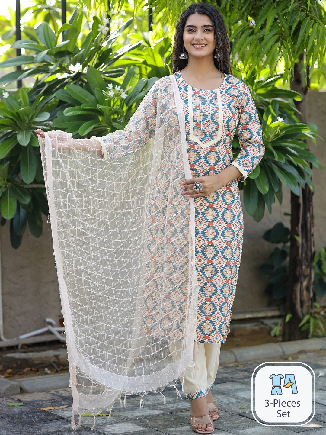 

KALINI Geometric Printed Regular Pure Cotton Kurta & Trousers With Dupatta, Cream