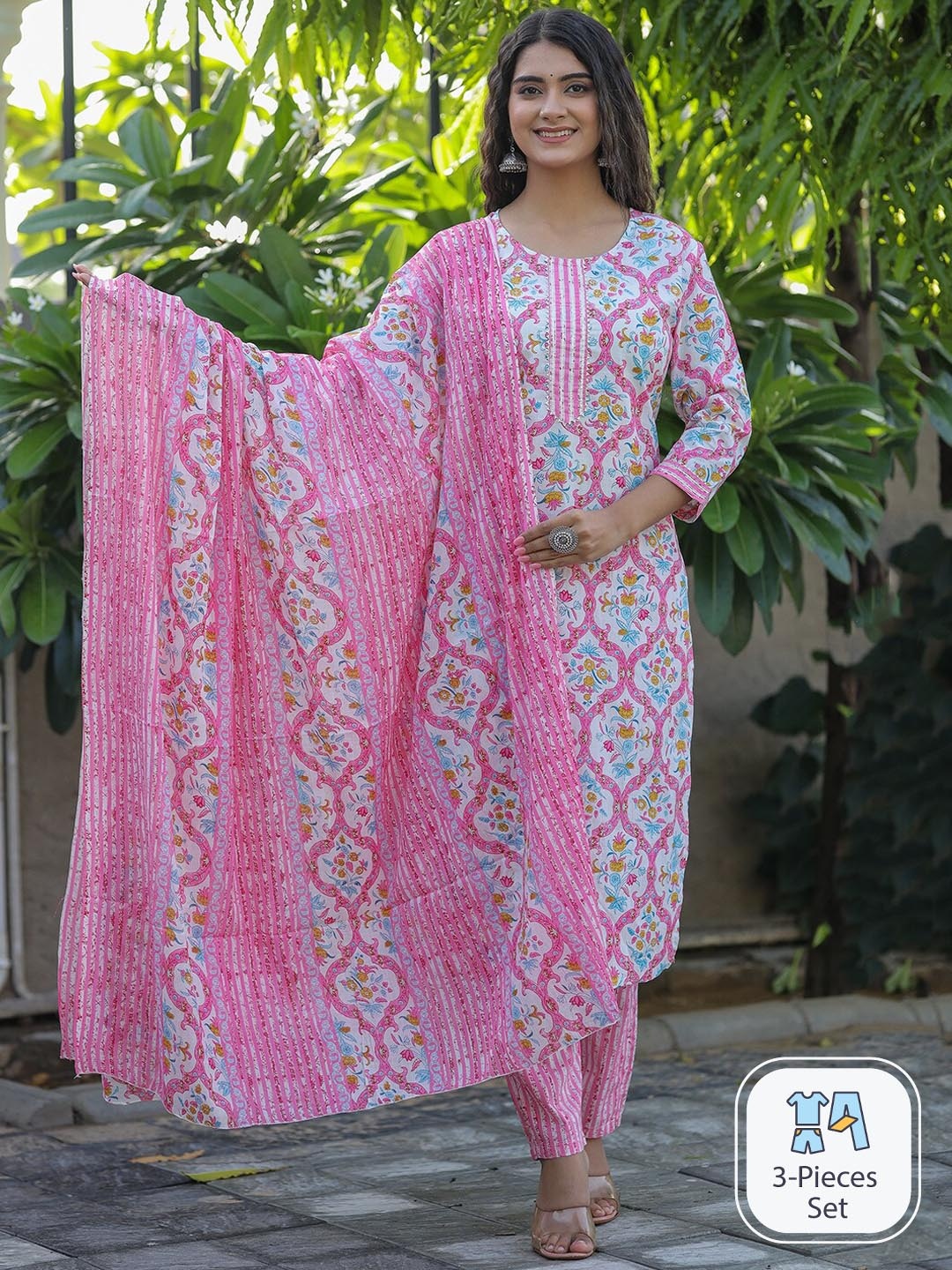 

KALINI Floral Printed Regular Pure Cotton Kurta with Trousers & With Dupatta, Pink