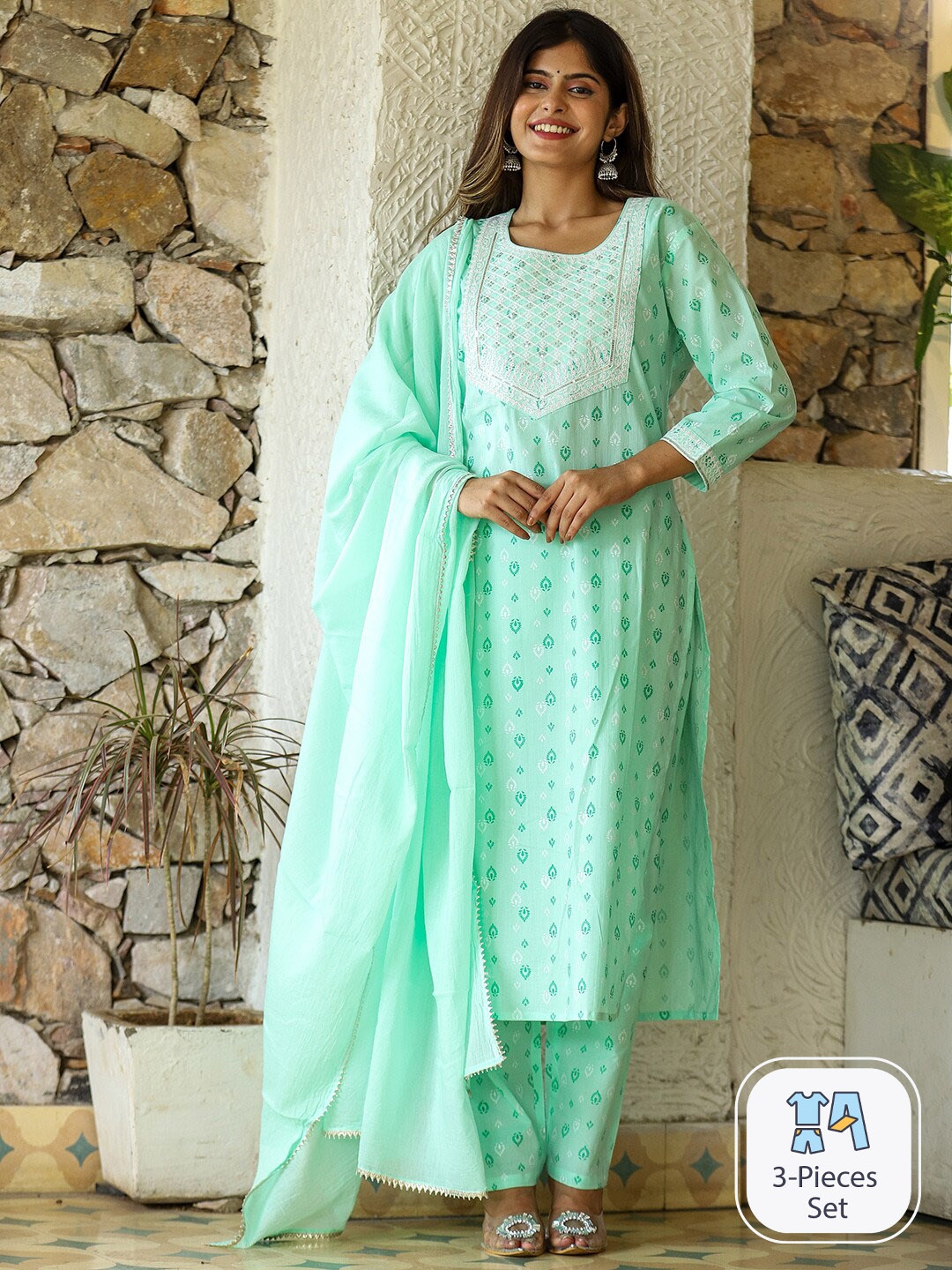 

KALINI Ethnic Motifs Printed Thread Work Pure Cotton Straight Kurta Set, Sea green