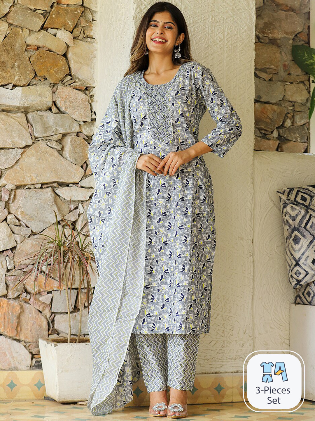

KALINI Floral Printed Gotta Patti Pure Cotton Straight Kurta & Trousers With Dupatta, Grey