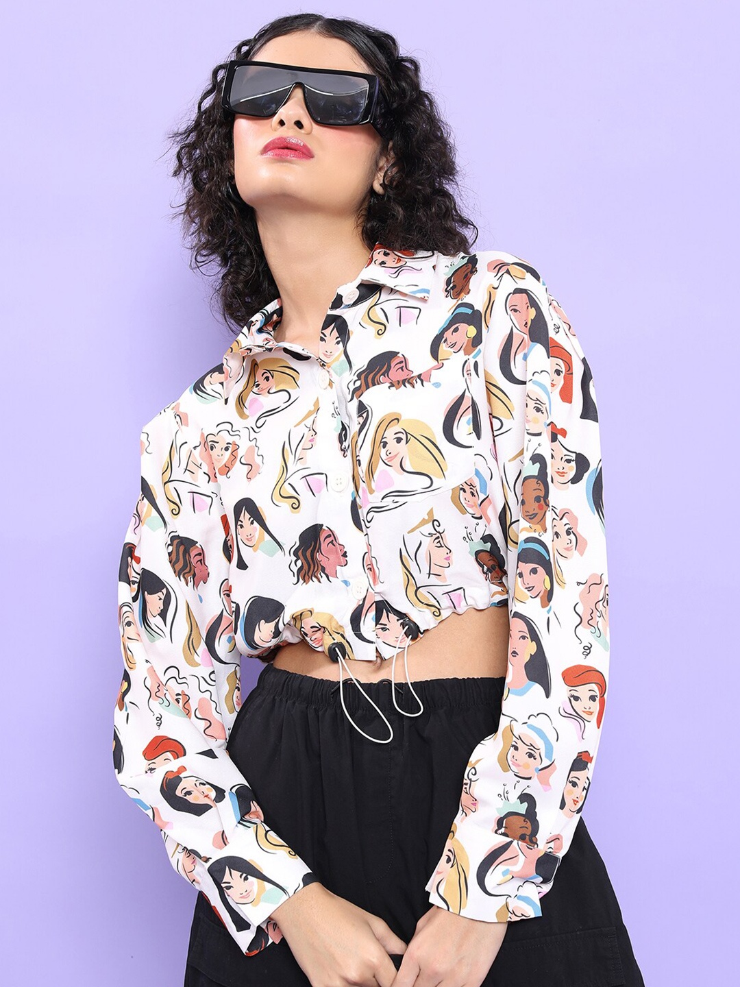 

Tokyo Talkies Conversational Printed Regular Fit Opaque Casual Crop Shirt, Off white