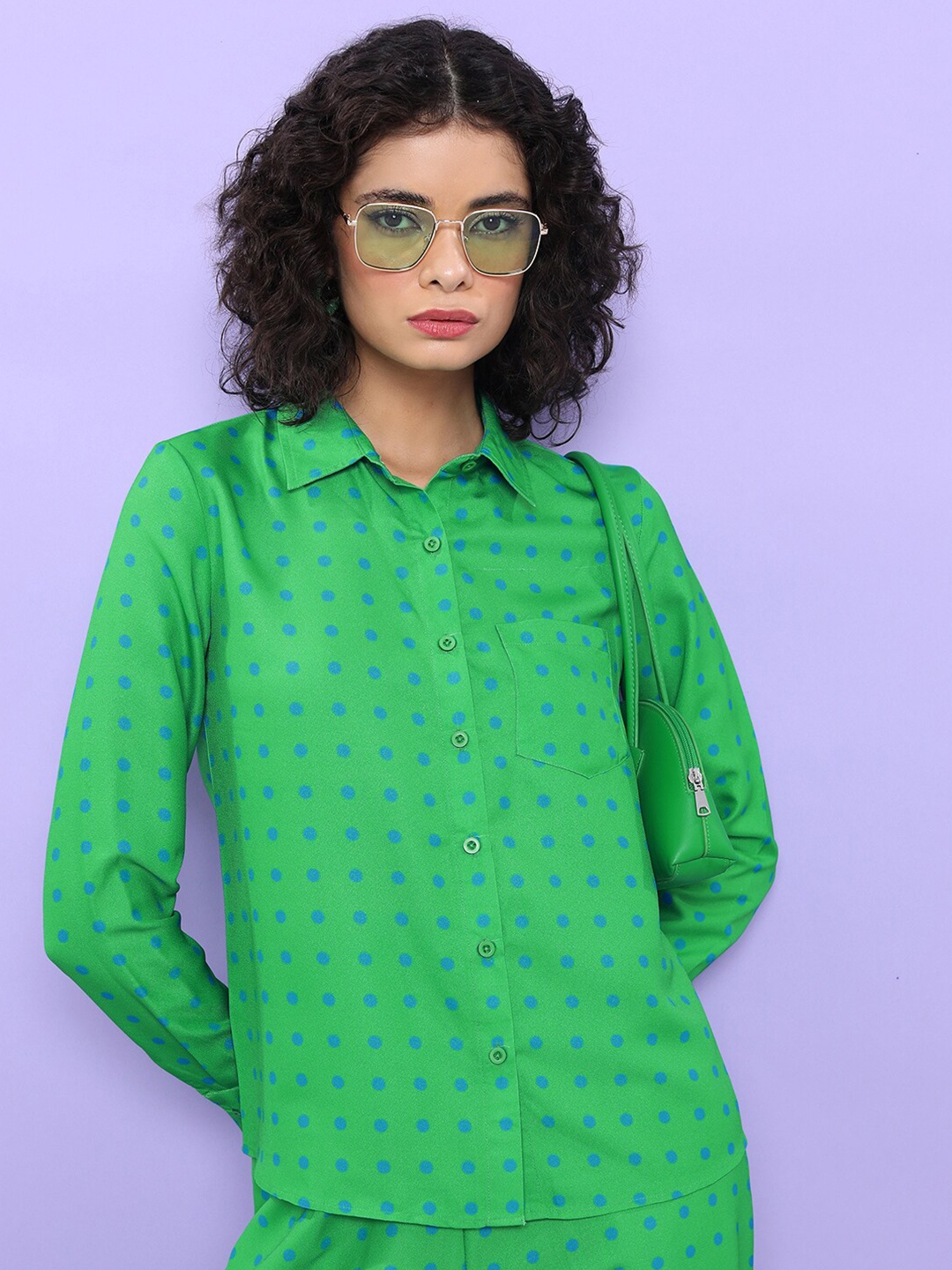 

Tokyo Talkies Polka Dot Printed Regular Fit Opaque Casual Shirt, Green