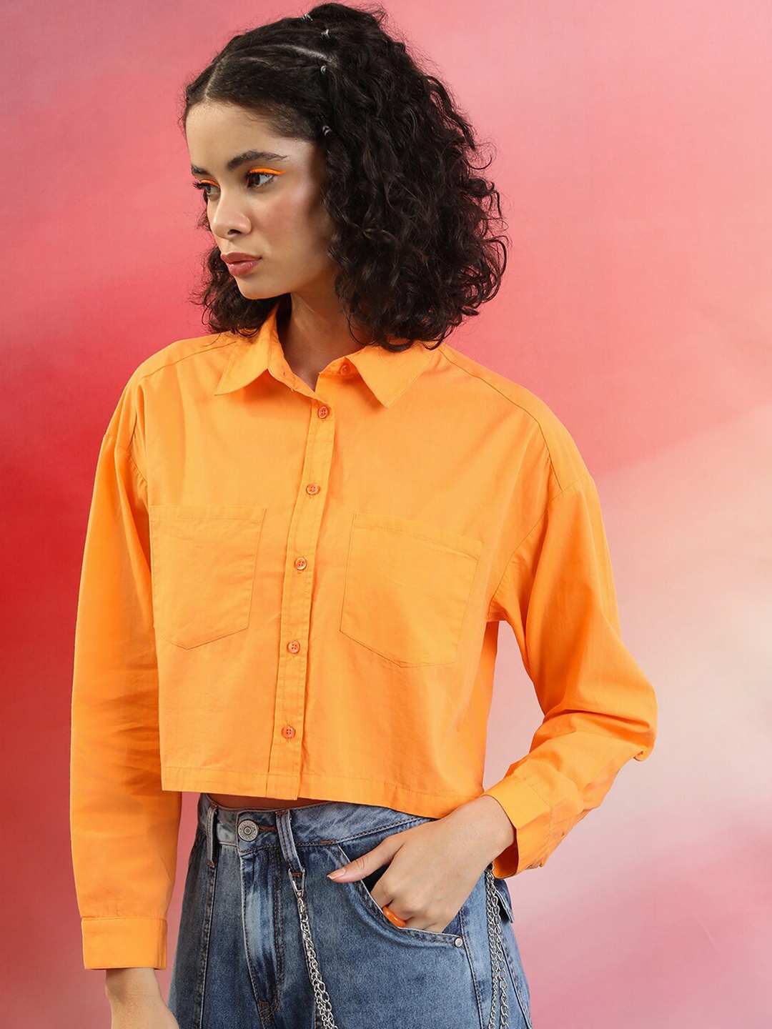 

Tokyo Talkies Regular Fit Opaque Cotton Casual Crop Shirt, Orange