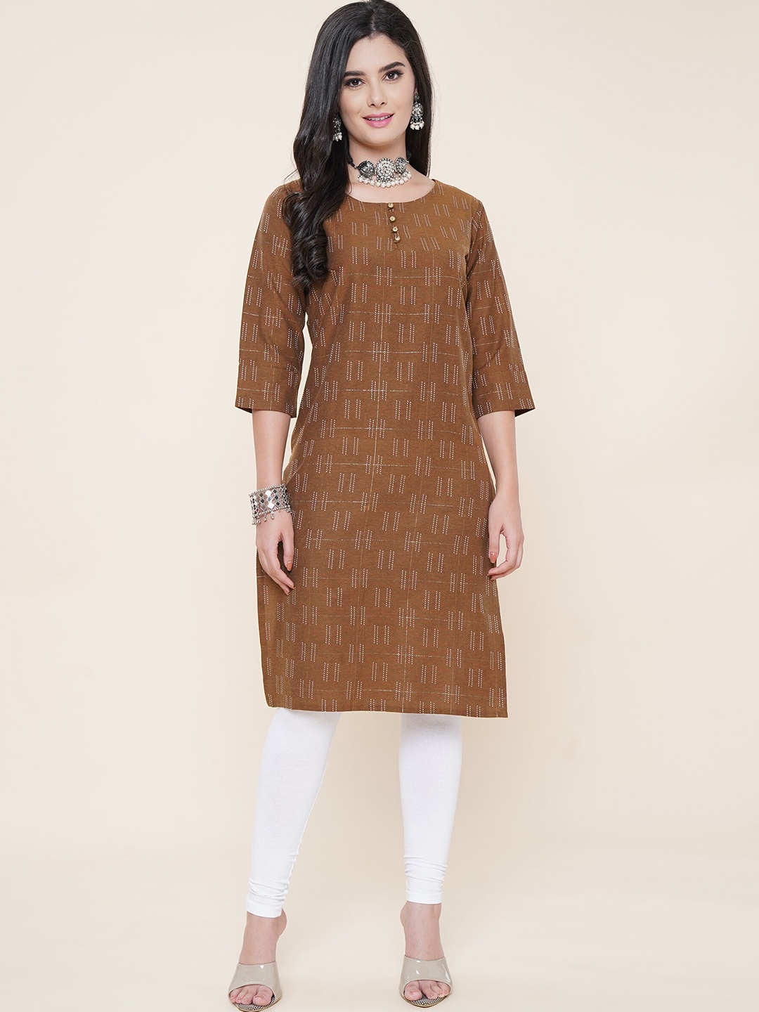 

KALINI Round Neck Woven Design Cotton Straight Kurta, Brown