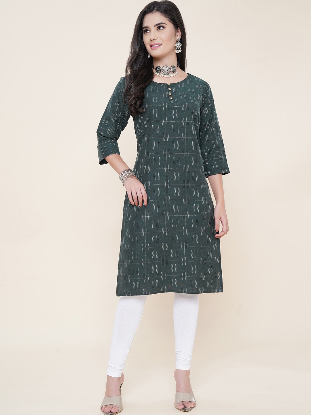 

KALINI Geometric Printed Straight Kurta, Green