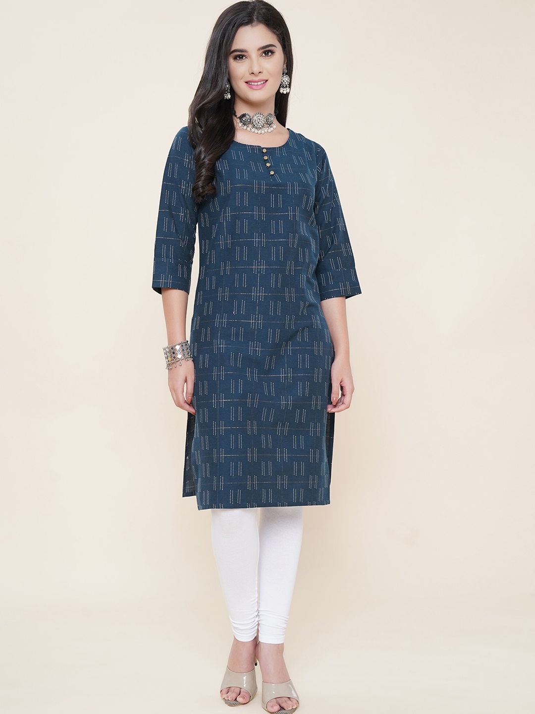 

KALINI Geometric Printed Straight Kurta, Blue
