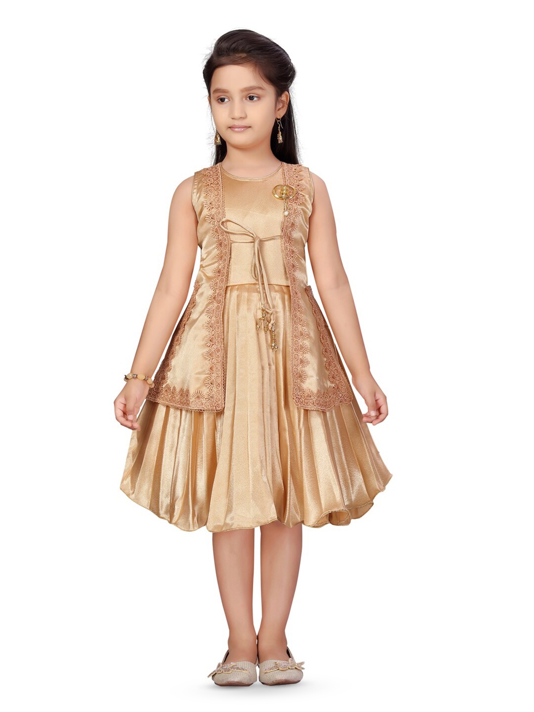

BAESD Girls Floral Embroidered Pleated Silk A-Line Dress, Gold