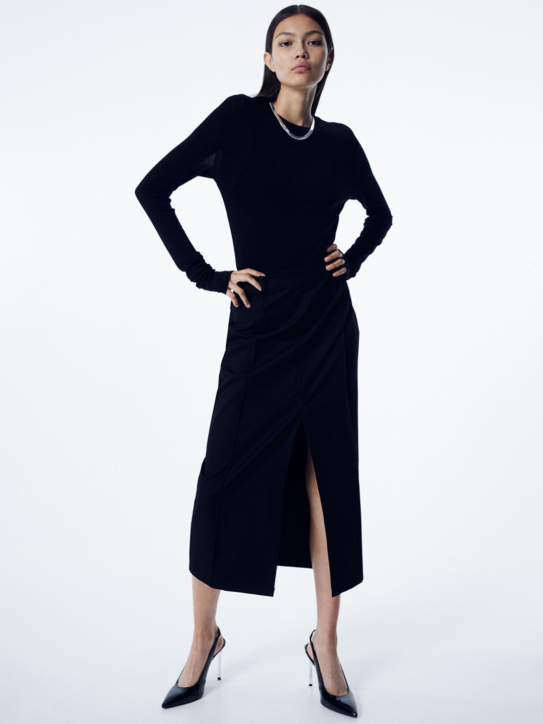 

H&M Slit Hem Twill Midi Skirt, Black