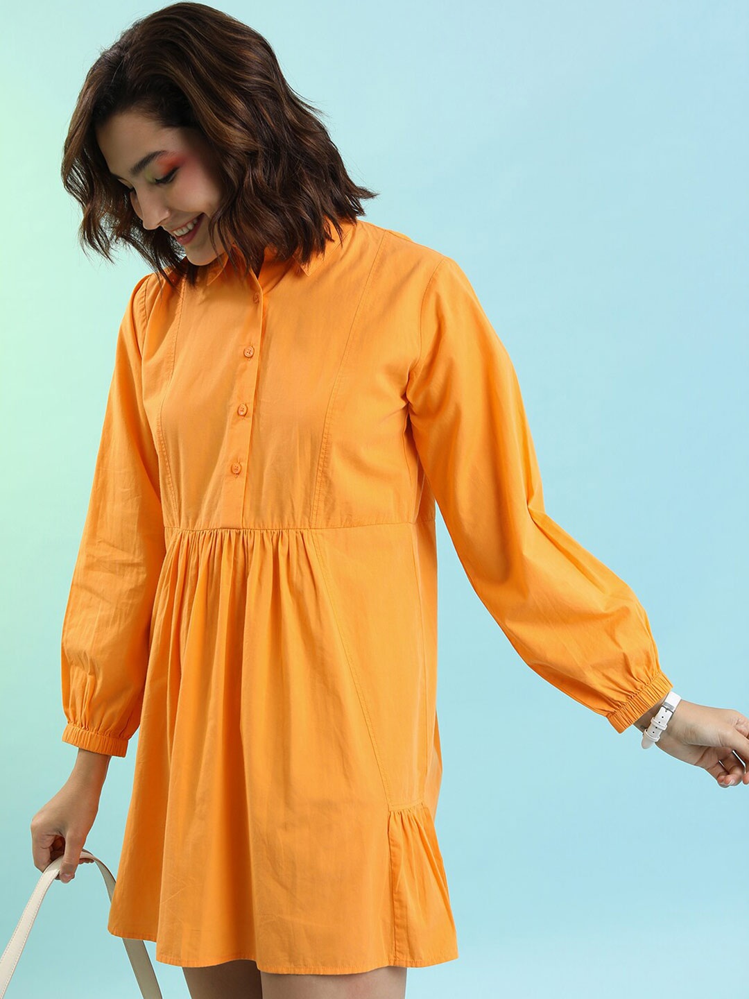 

Tokyo Talkies Orange Shirt Collar Cuffed Sleeve Gathered Pure Cotton Shirt Dress