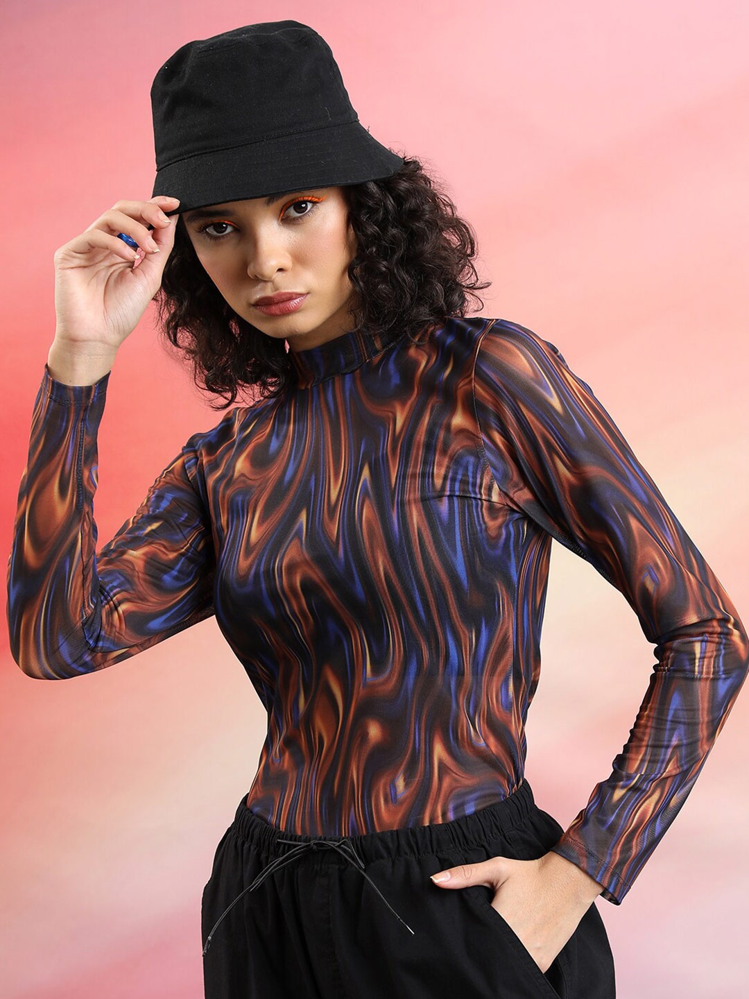 

Tokyo Talkies High Neck Print Top, Black