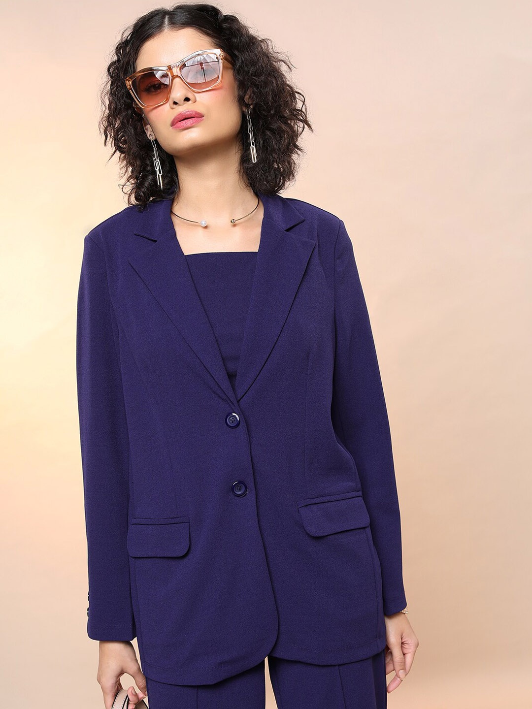 

Tokyo Talkies Shoulder Straps Crop Top with Blazer & Trousers, Navy blue