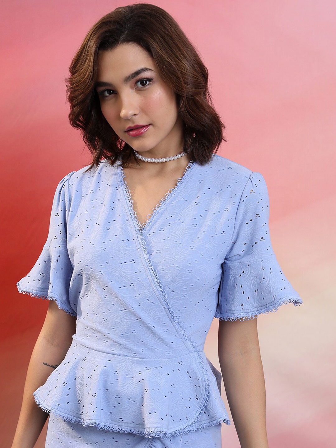 

Tokyo Talkies Blue V-Neck Bell Sleeve Schiffli Regular Top