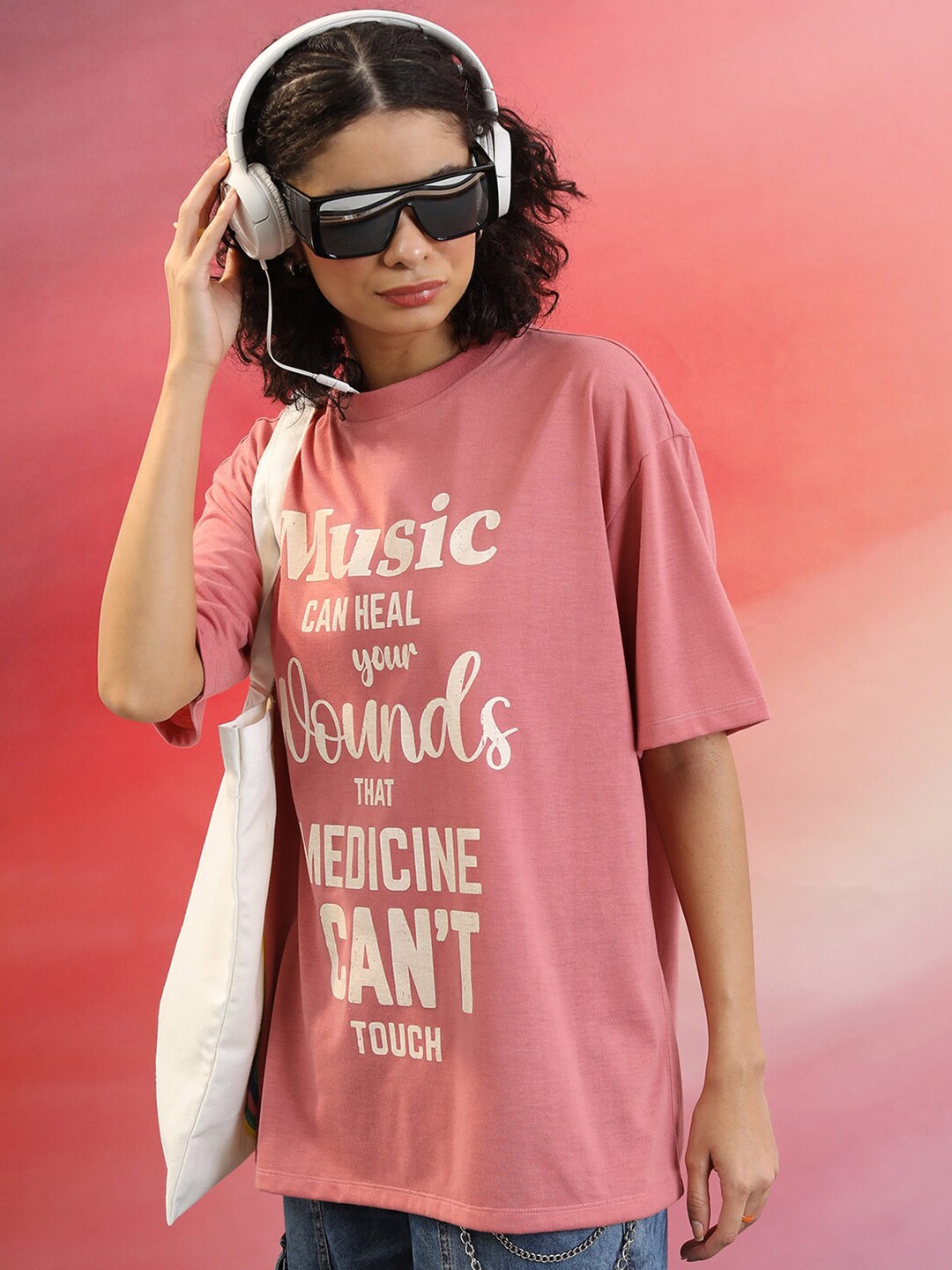 

Tokyo Talkies Pink Typography Printed Round Neck Drop-Shoulder Oversized T-shirt