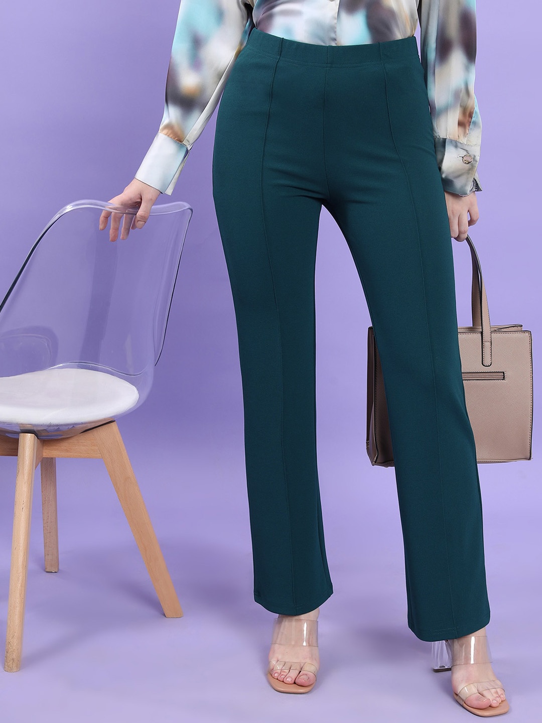 

Tokyo Talkies Women High-Rise Flared Bootcut Trousers, Teal