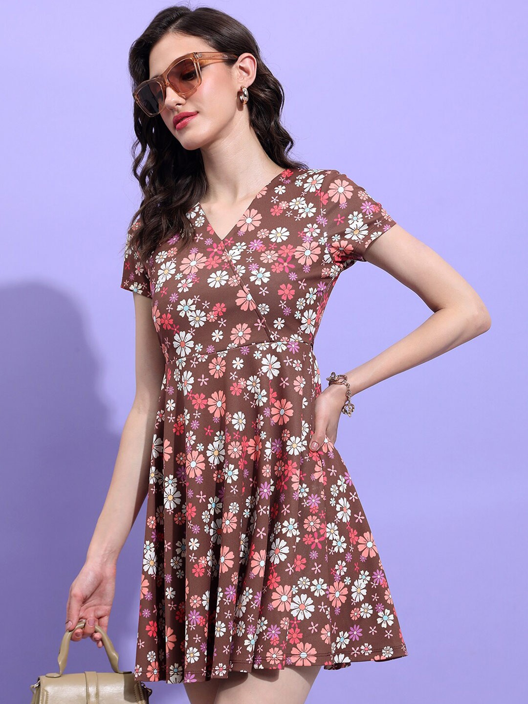 

Tokyo Talkies Brown Floral Printed V-Neck Gathered Fit & Flare Mini Dress