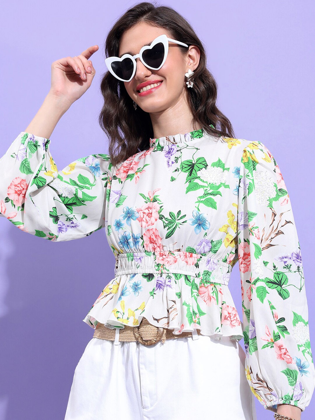 

Tokyo Talkies Pink Floral Print Puff Sleeve Peplum Top, White