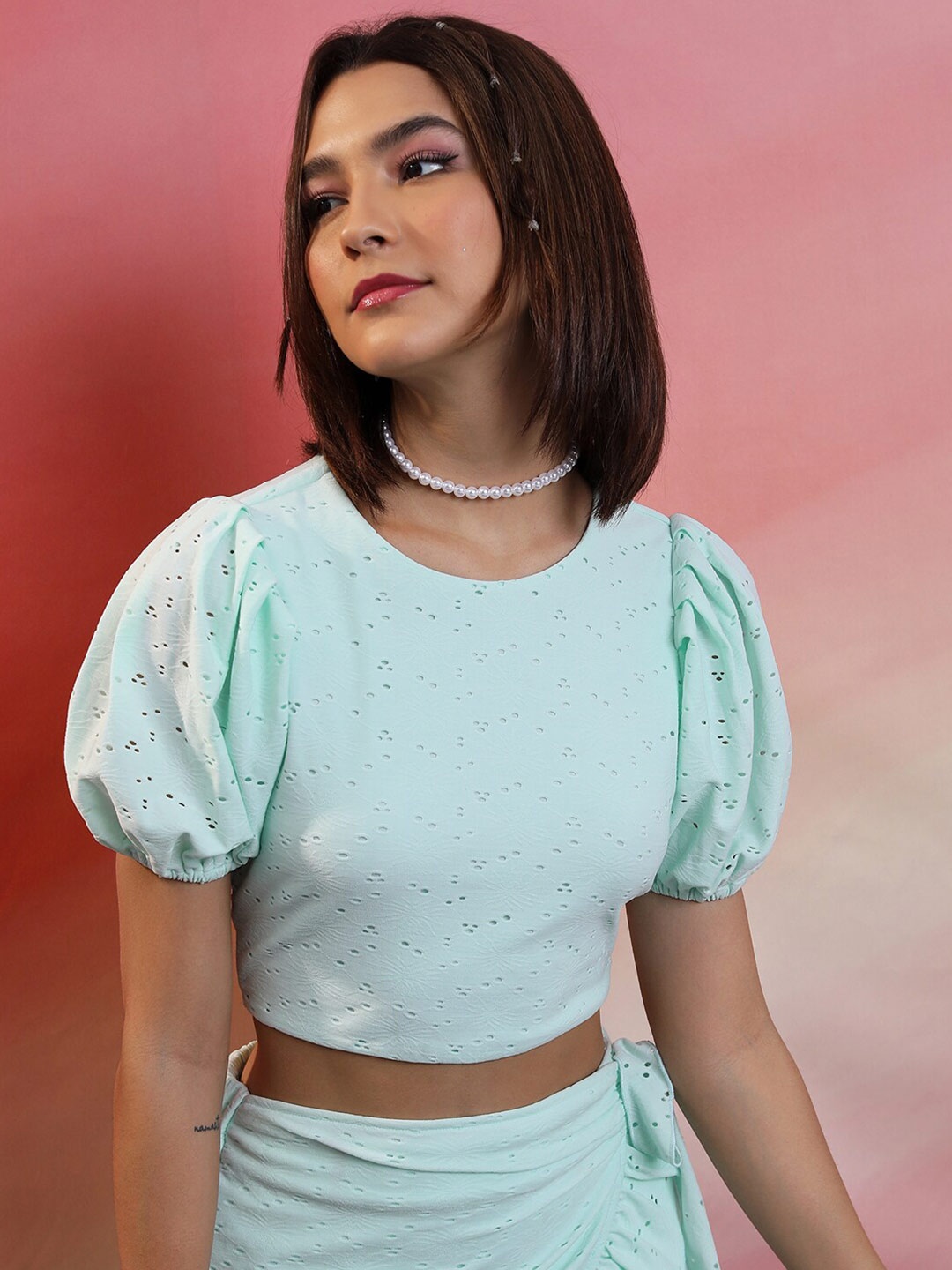

Tokyo Talkies Print Puff Sleeve Crop Top, Blue