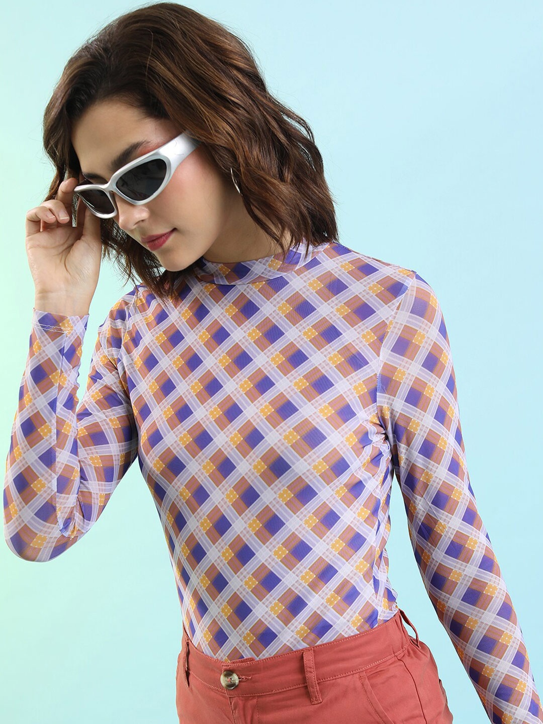 

Tokyo Talkies Blue Checked High Neck Top
