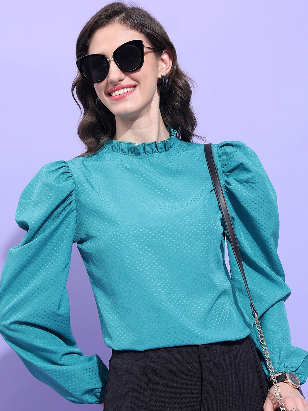 

Tokyo Talkies Puff Sleeve High Neck Top, Teal