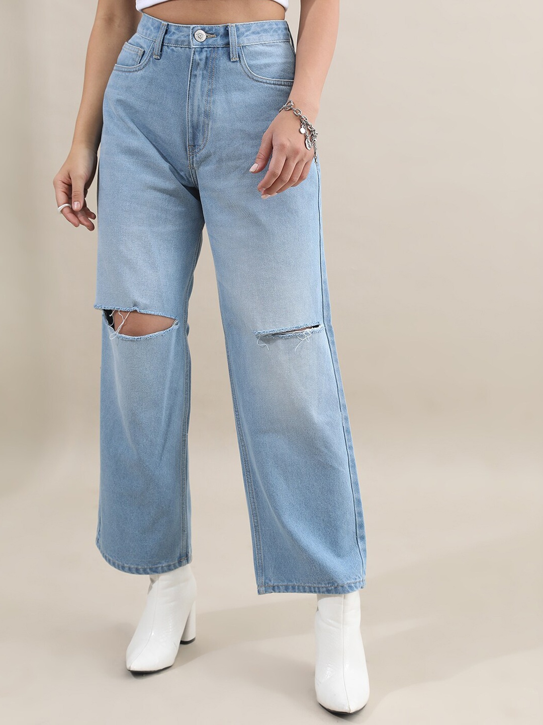 

Tokyo Talkies Women Mid-Rise Flared Slash Knee Light Fade Jeans, Blue