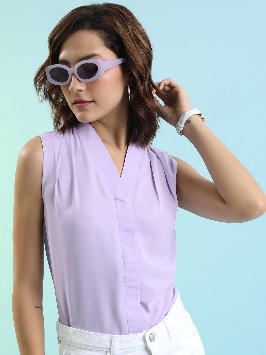

Tokyo Talkies V-Neck Pleated Top, Purple