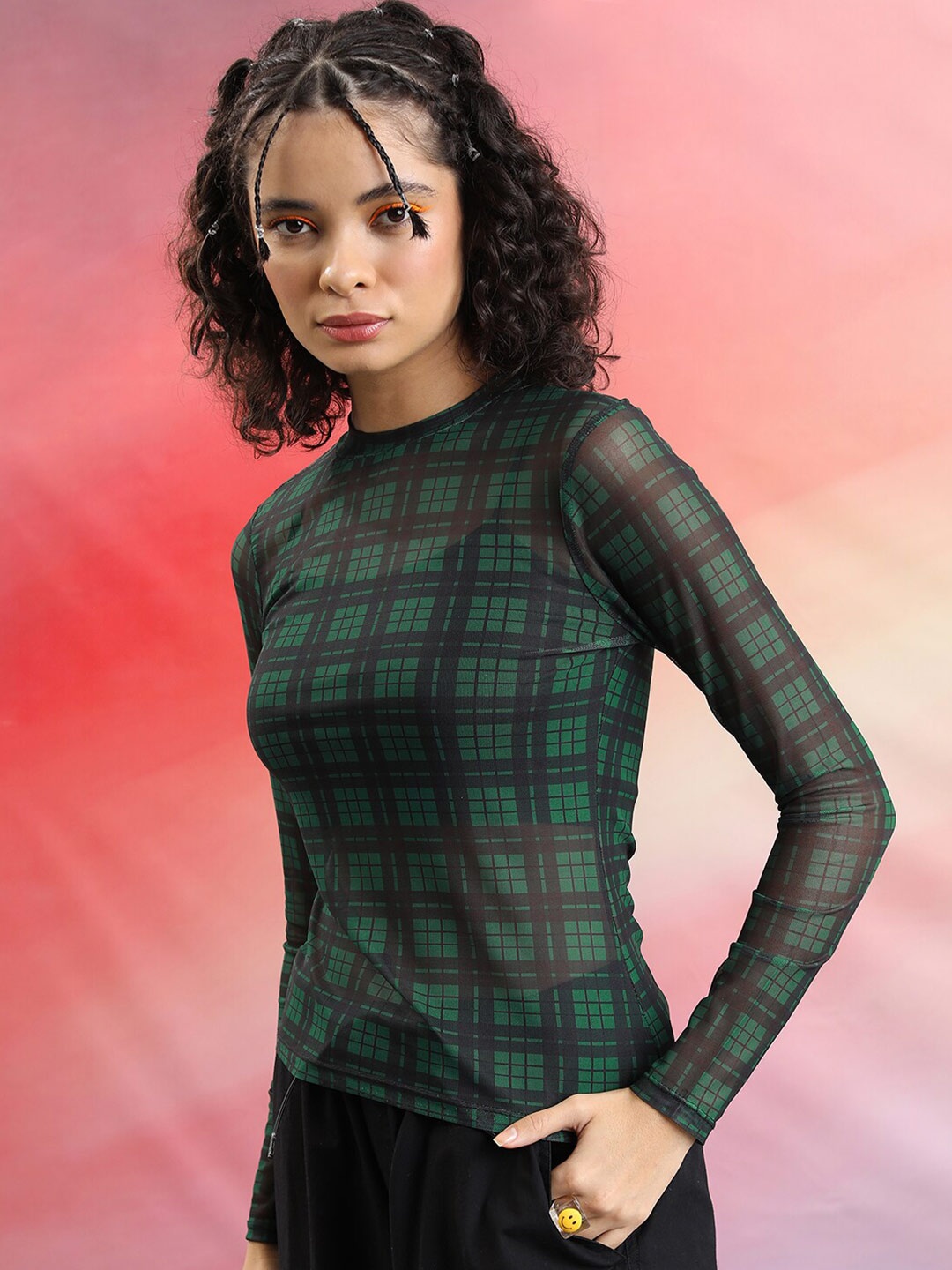 

Tokyo Talkies High Neck Checked Top, Green