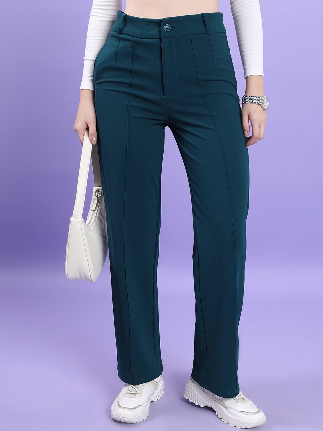 

Tokyo Talkies Women Mid-Rise Straight Fit Trousers, Teal
