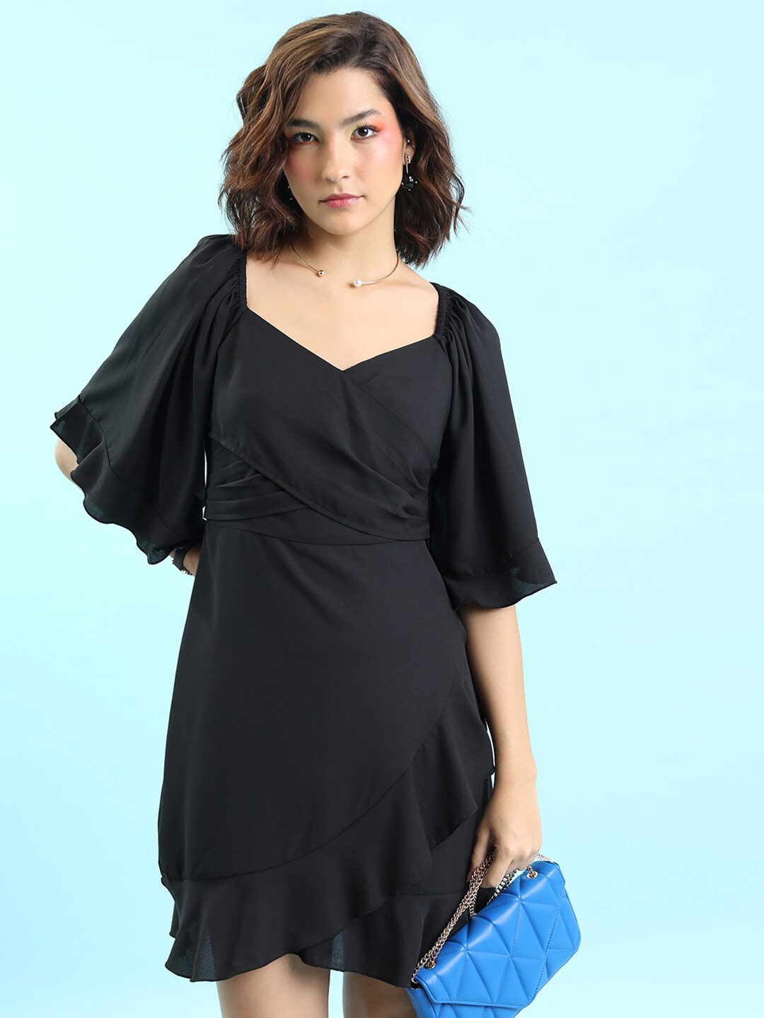 

Tokyo Talkies Flared Sleeves V-Neck Ruffled Wrap Dress, Black