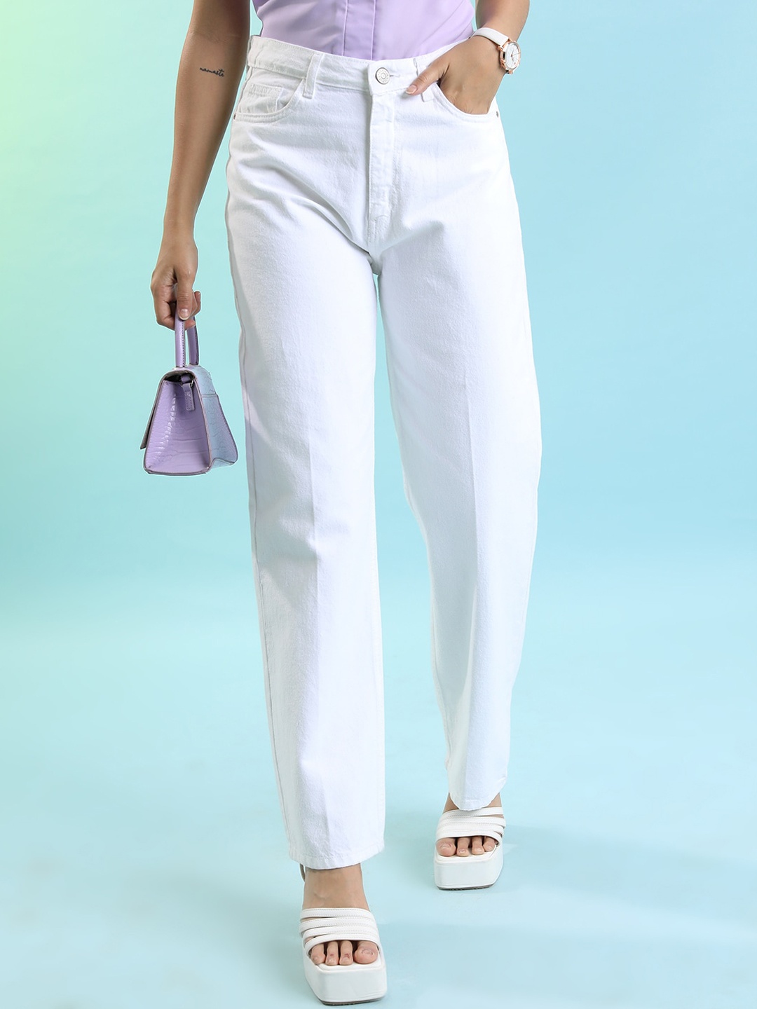 

Tokyo Talkies Women Relaxed Fit Clean Look Cotton Jeans, White