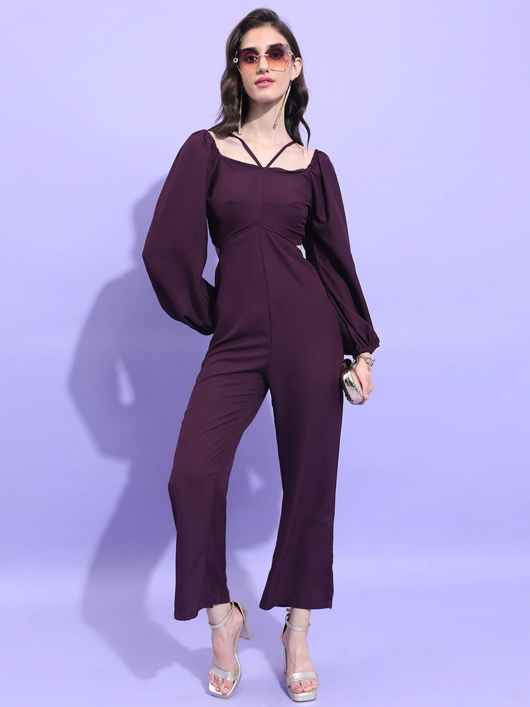 

Tokyo Talkies Square Neck Puff Sleeves Gathered Casual Basic Jumpsuit, Purple