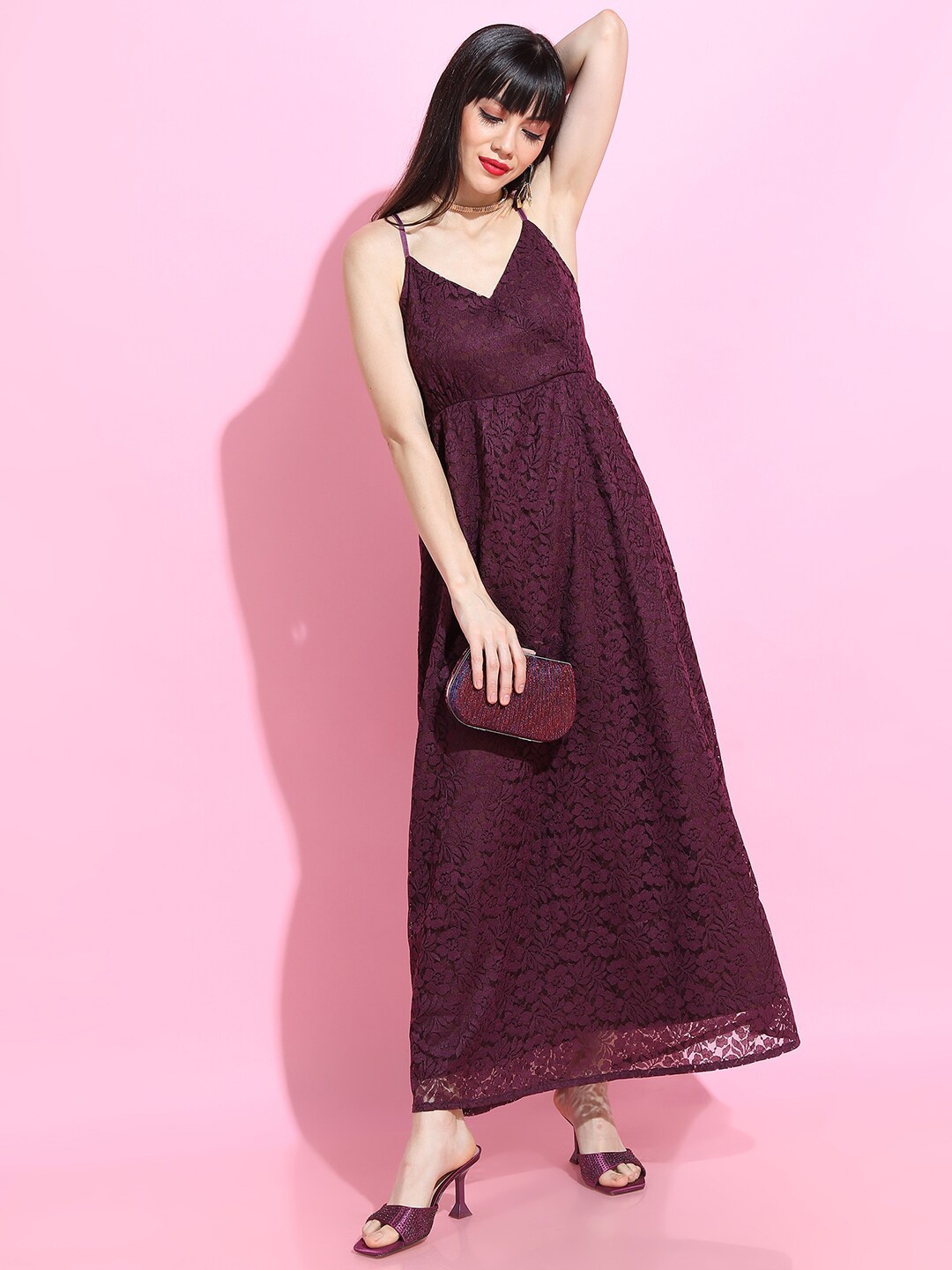 

Tokyo Talkies Maroon Self Design Gathered Detailed Maxi Dress