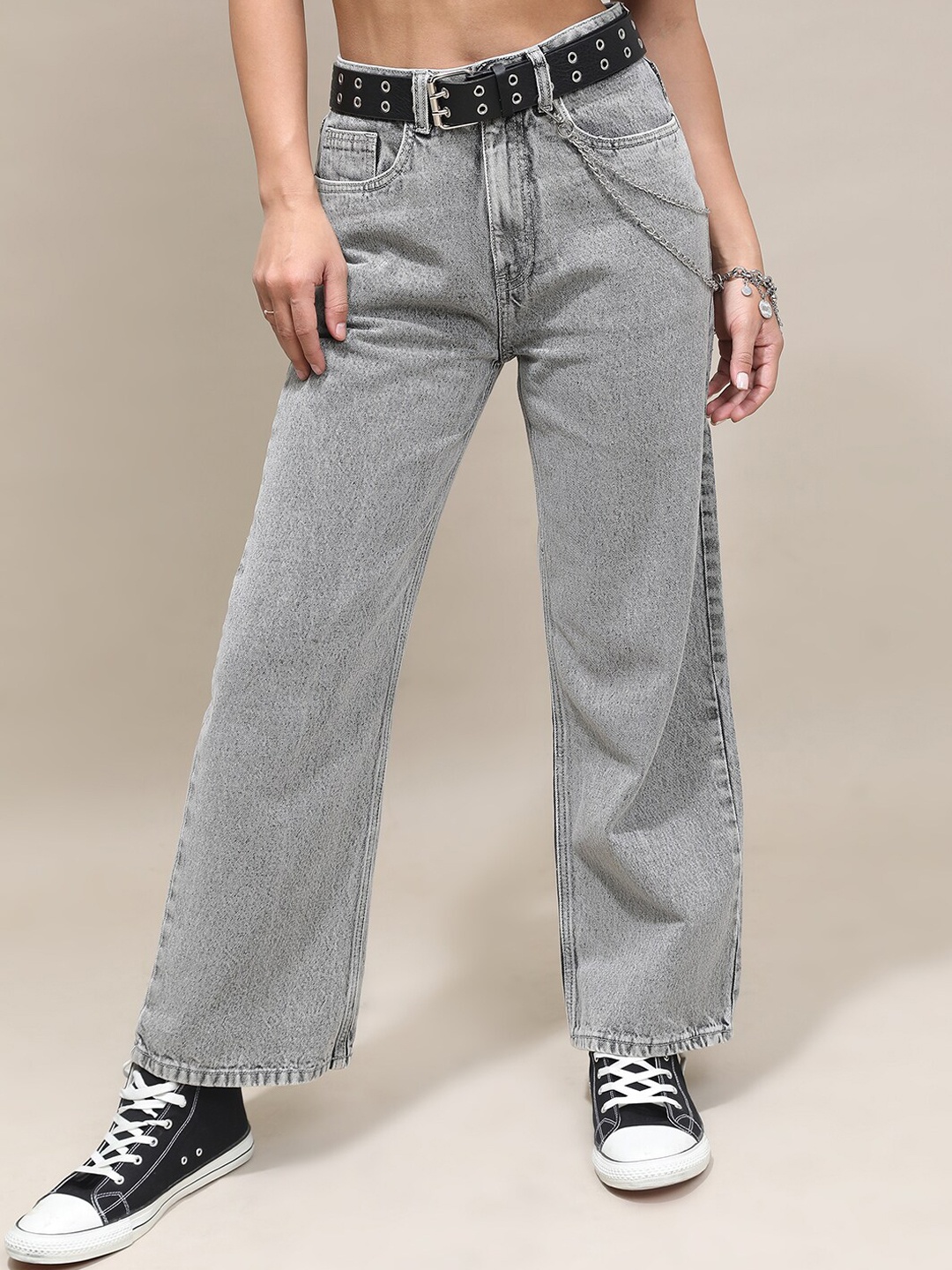 

Tokyo Talkies Women Wide Leg Heavy Fade Cotton Jeans, Grey