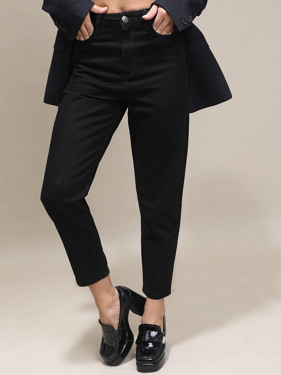 

Tokyo Talkies Women Mom Fit Clean Look Cotton Jeans, Black