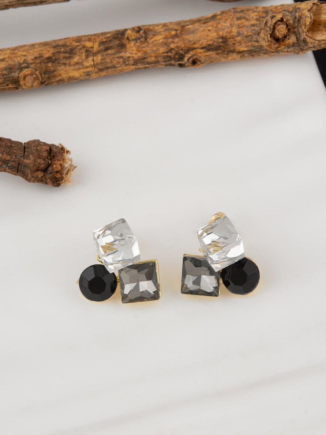 

E2O Gold Plated Stone Studded Contemporary Stud Earrings, Black