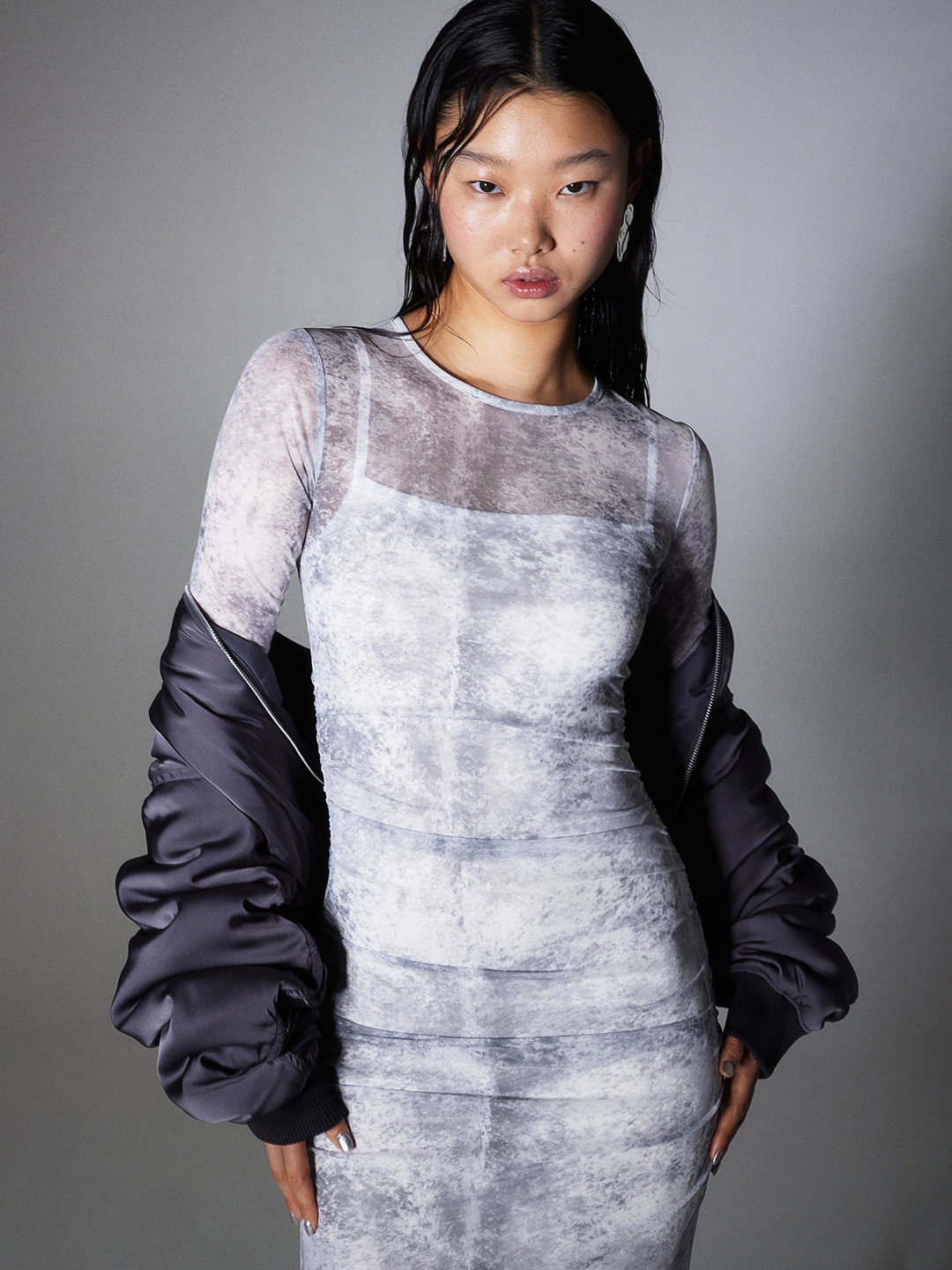 

H&M Gathered Mesh Dress, Grey