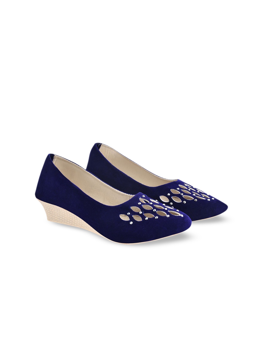 

BAESD Girls Embellished Suede Wedge Pumps With Laser Cuts, Navy blue