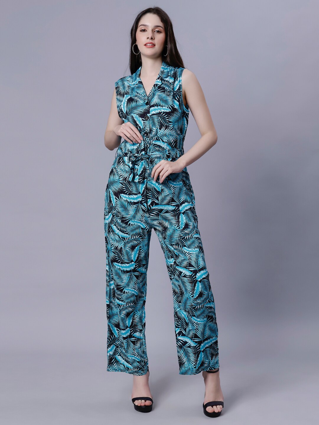 

ENTELLUS Tropical Printed Notch Lapel Collar Casual Basic Jumpsuit, Blue