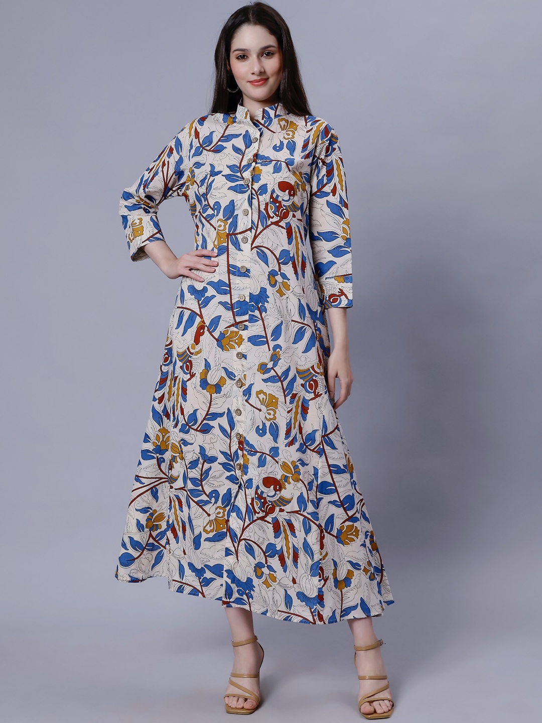 

ENTELLUS Floral Printed Mandarin Collar Cotton A-Line Midi Dresse, Off white