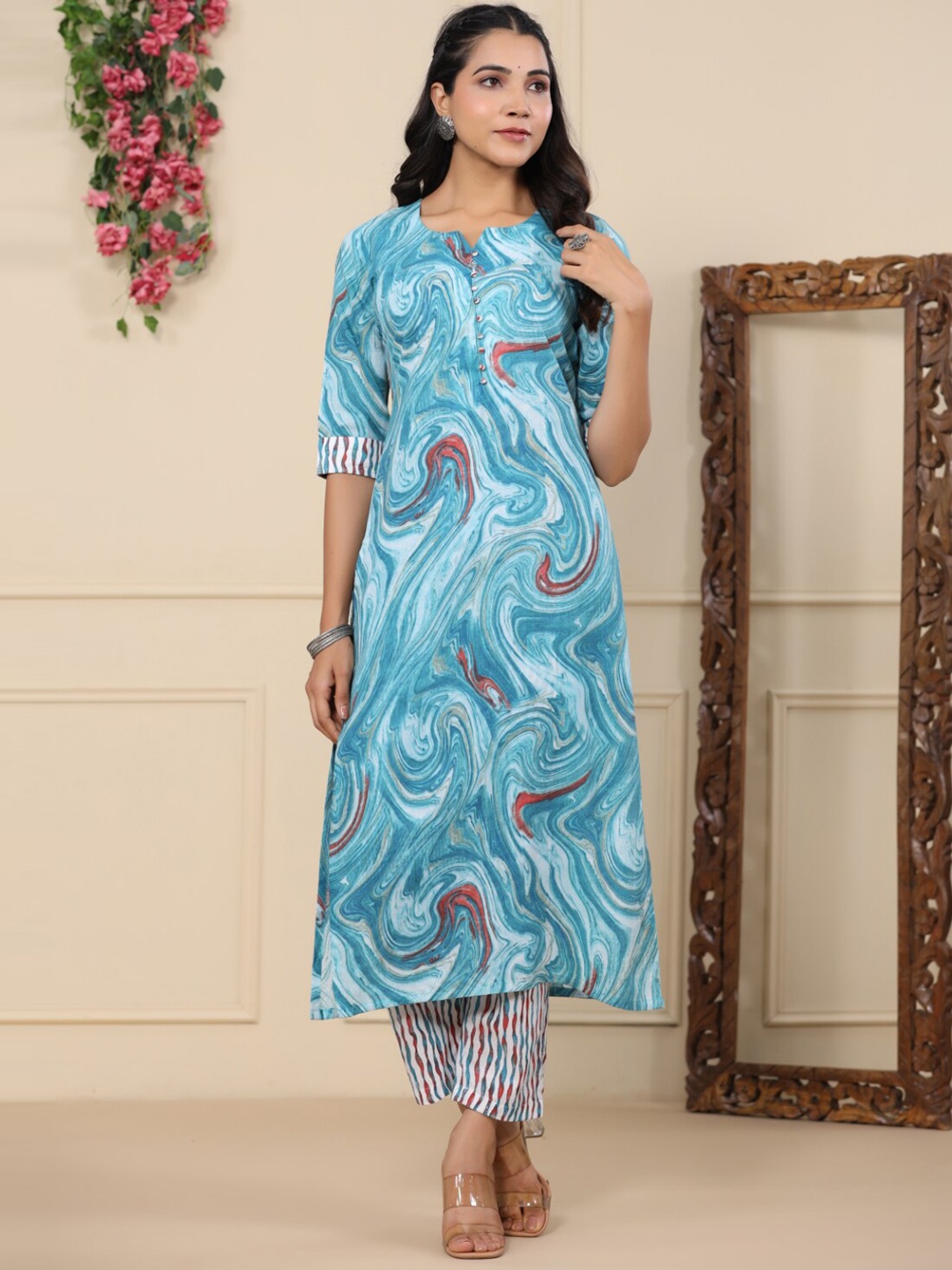 

KALINI Printed Regular Kurta With Trousers, Blue