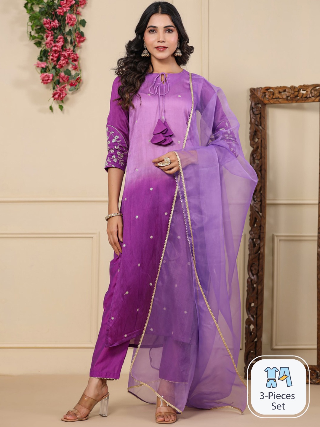 

KALINI Ombre Regular Kurta With Trousers & Dupatta, Purple