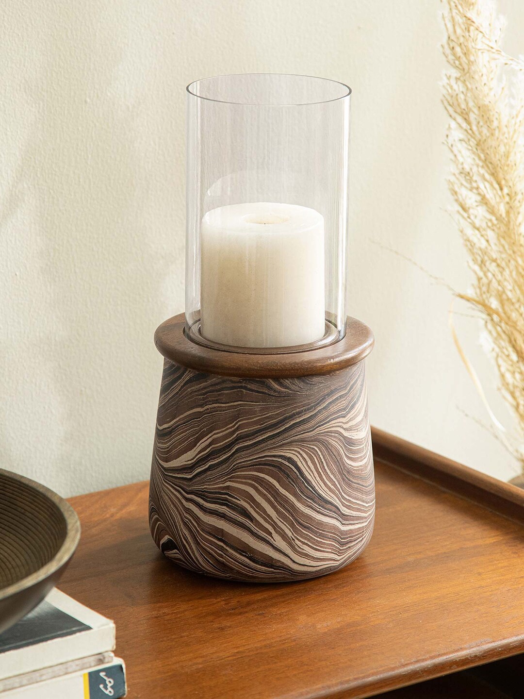 

ellementry Transparent & Grey Hurricane Glass Candle Holder With Wooden Base