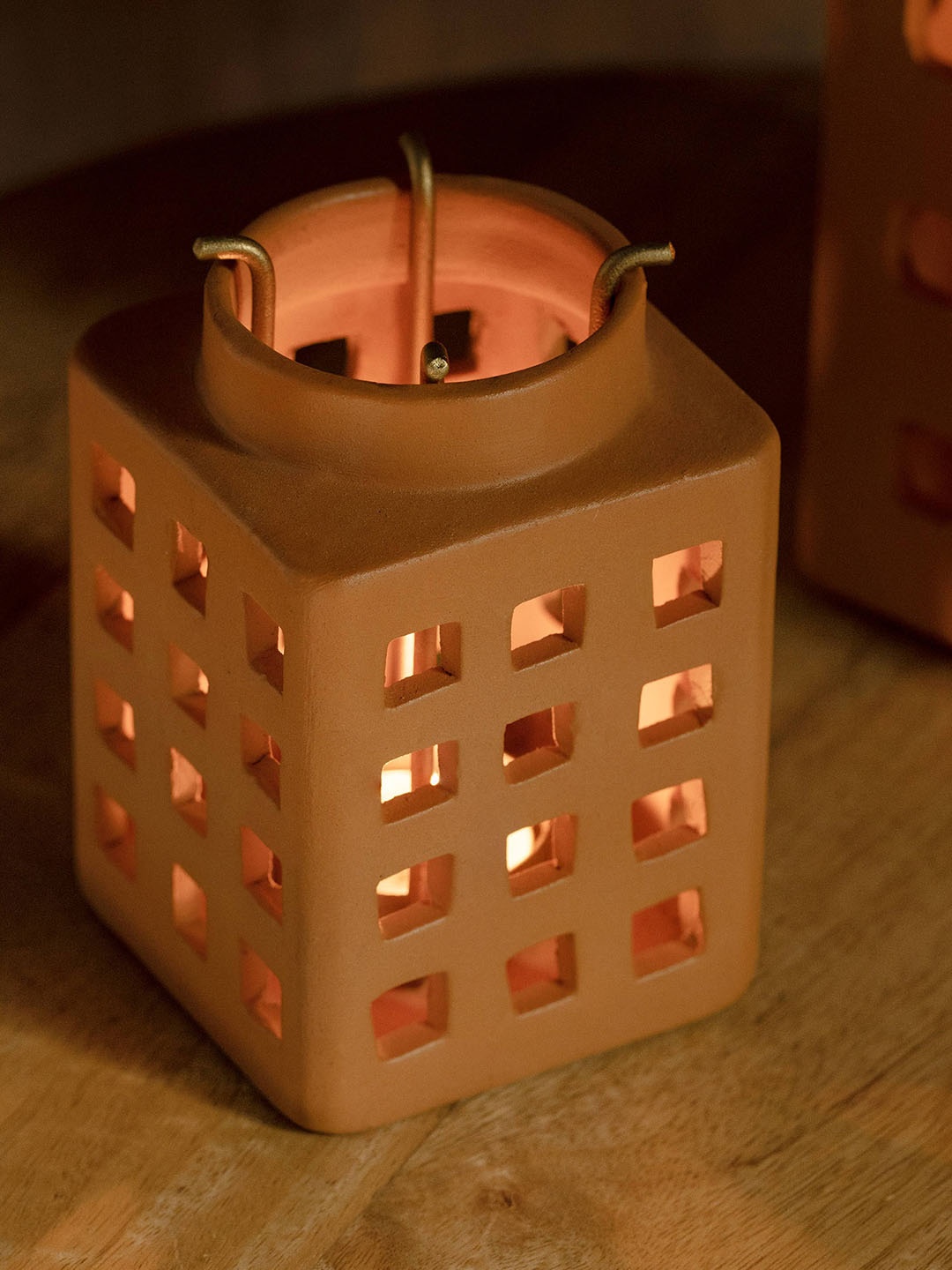 

ellementry Lupa Terracotta Square Lantern With Metal Handle, Orange