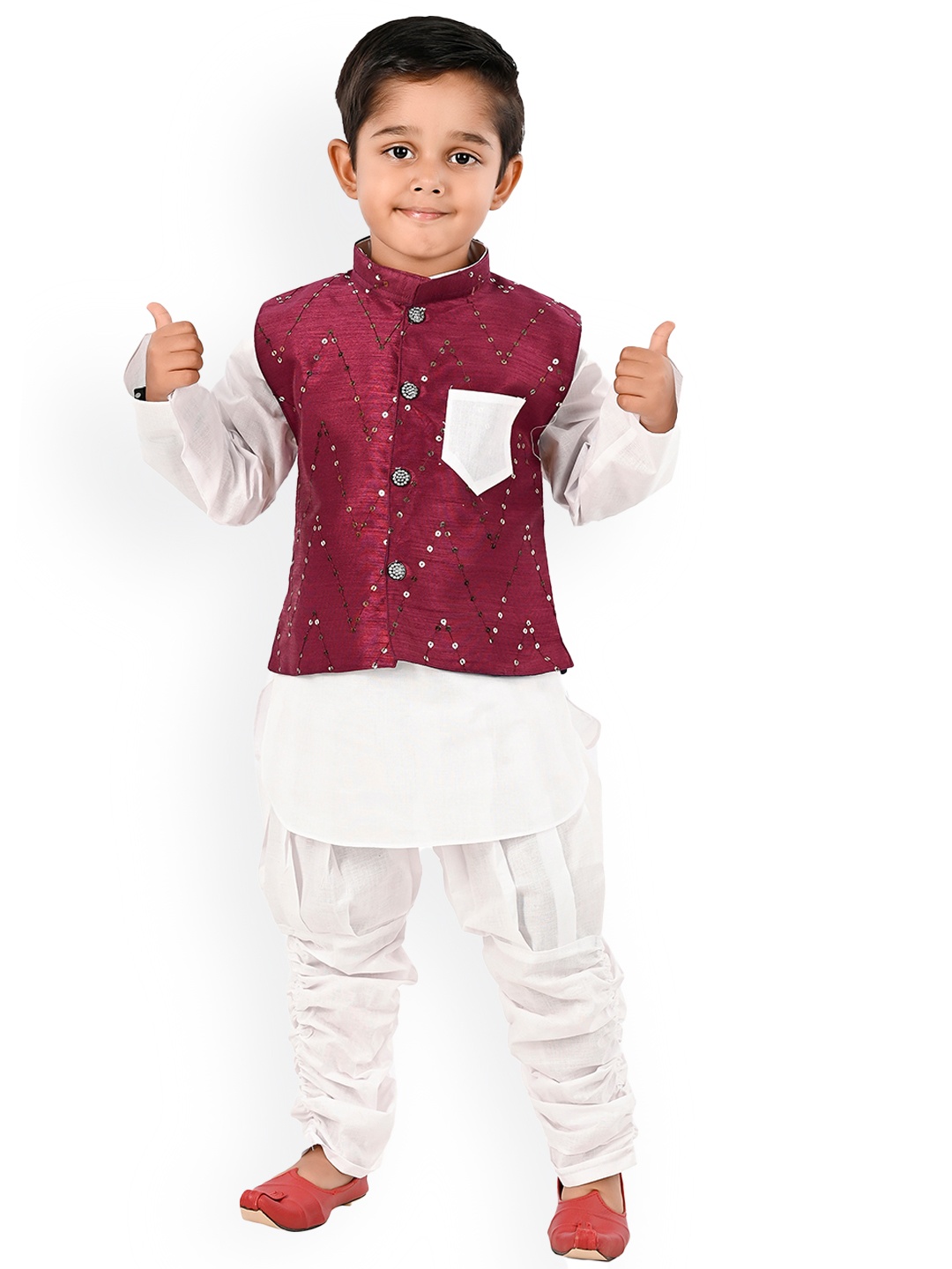 

BAESD Boys Sequinned Pure Cotton Kurta With Churidar & Nehru Jacket, Purple