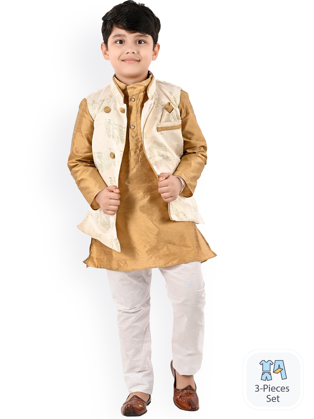 

BAESD Boys Mandarin Collar Regular Kurta With Pyjamas & Nehru jacket, Gold