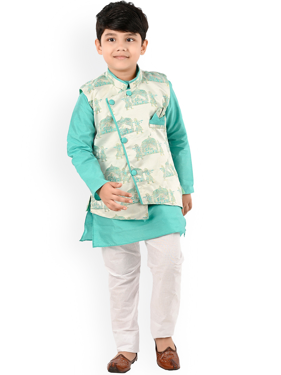 

BAESD Boys Mandarin Collar Regular Kurta With Pyjamas & Nehru jacket, Turquoise blue