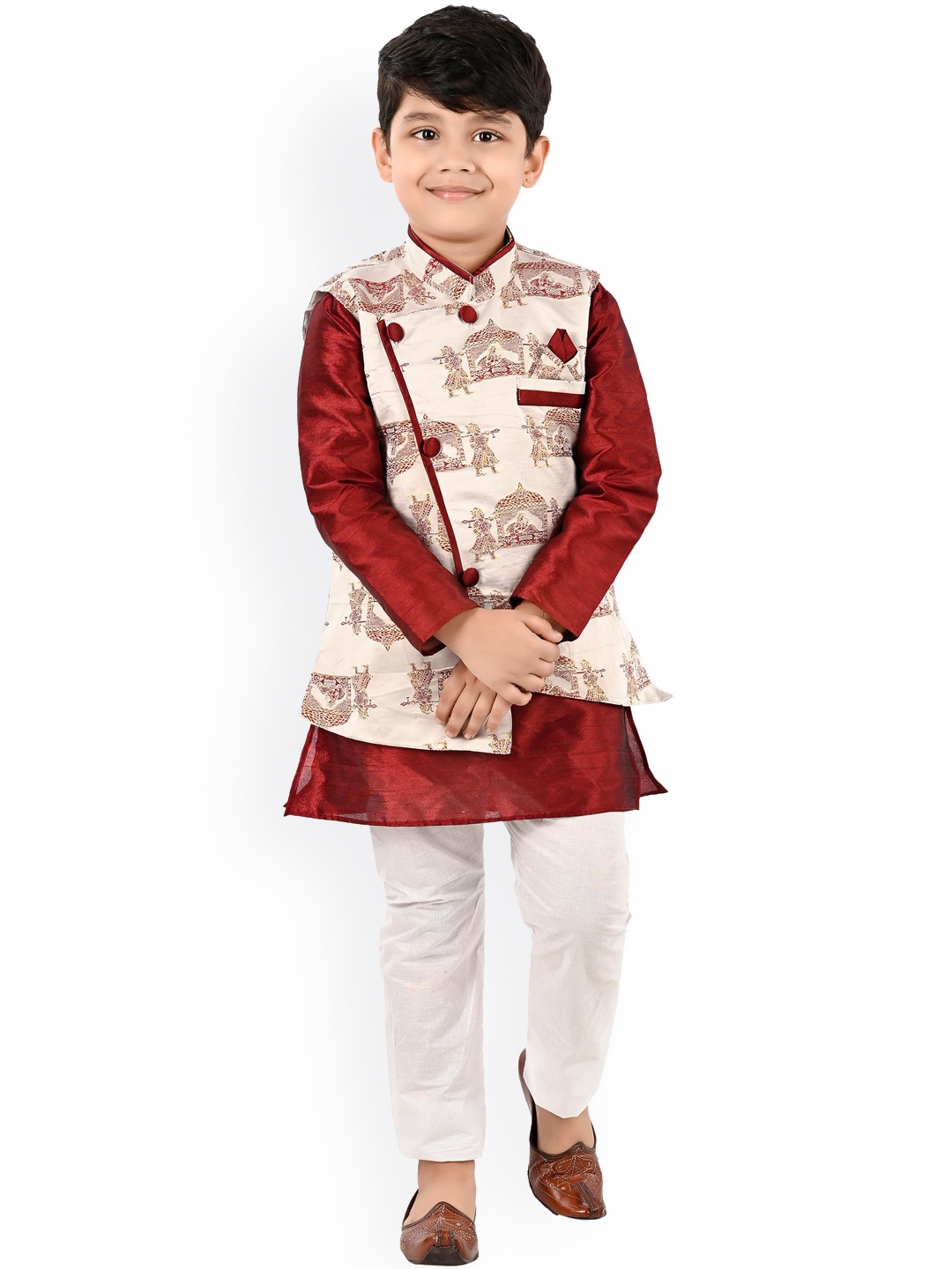 

BAESD Boys Mandarin Collar Kurta With Pyjamas & Nehru jacket, Red