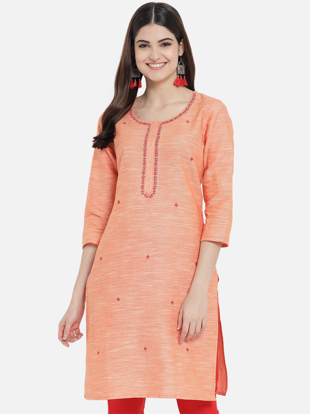 

AAYUMI Floral Embroidered Pure Cotton Kurta, Orange