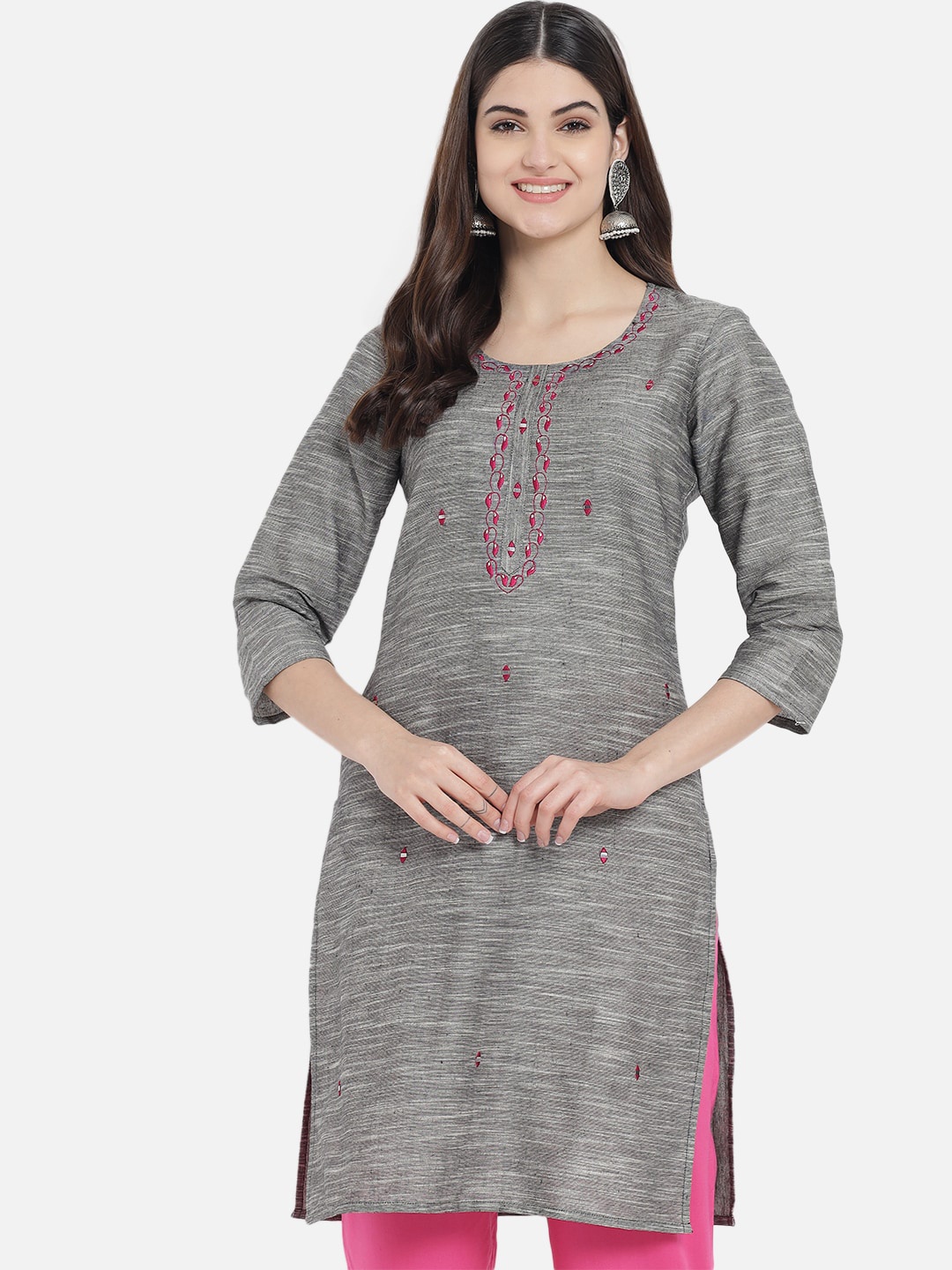 

AAYUMI Floral Embroidered Mirror Work Pure Cotton Kurta, Grey