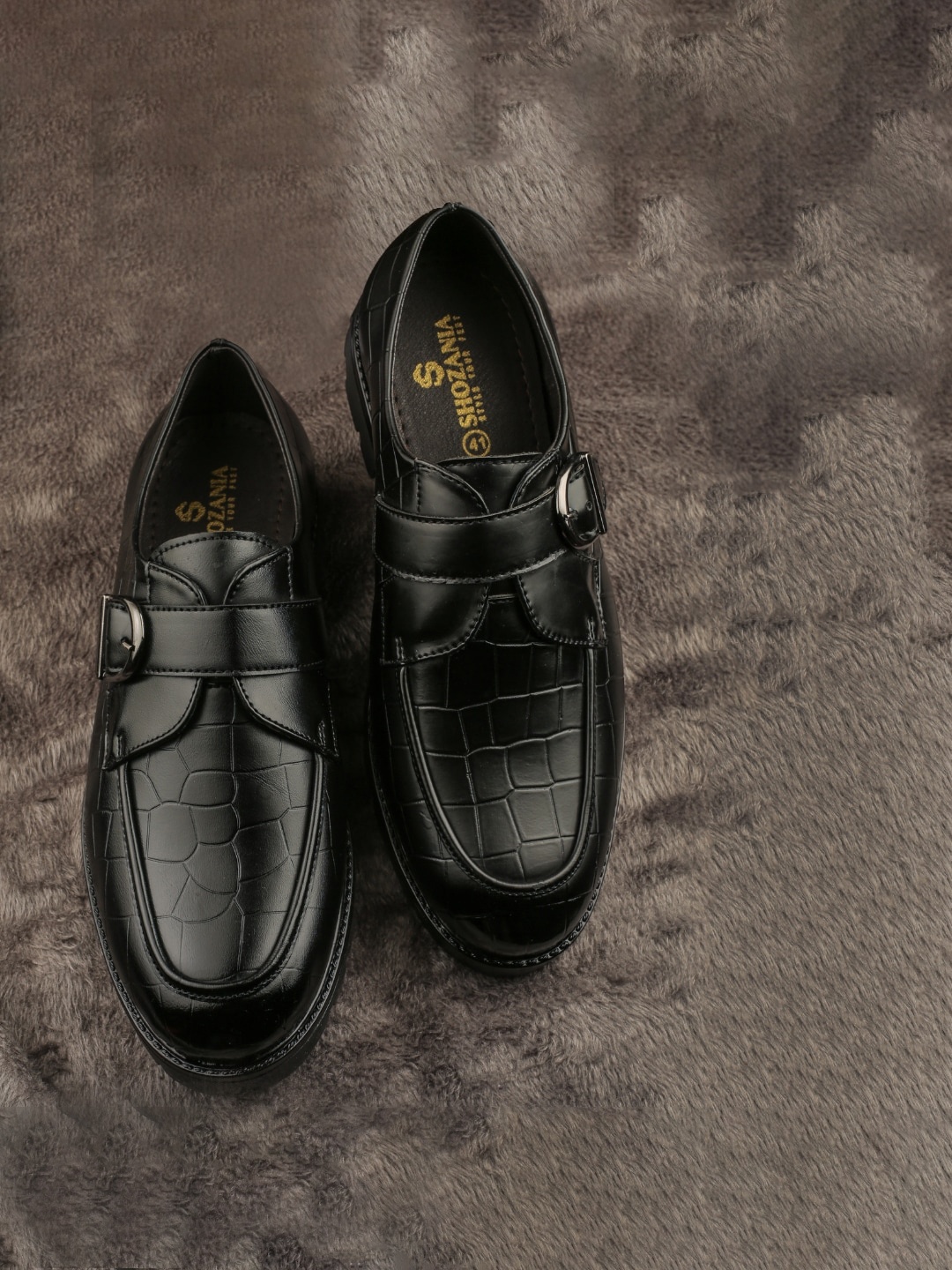 

SHOZANIA Men Textured Leather Formal Monk Shoes, Black